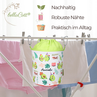 Wscheklammerbeutel aus Baumwolle mit zwei Karabinerhaken - Design Avocado