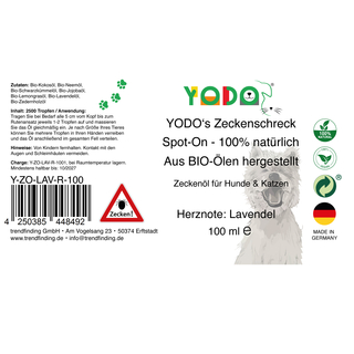 YODOs Zeckenschreck Zeckenl fr Hunde und Katzen, aus 7 BIO-len, mit Lavendelduft, 100 ml (2500 Tropfen)