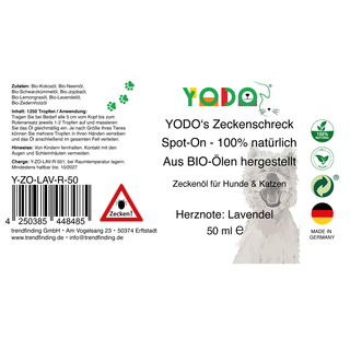 YODOs Zeckenschreck Zeckenl fr Hunde und Katzen, aus 7 BIO-len, mit Lavendelduft, 50 ml (1250 Tropfen)